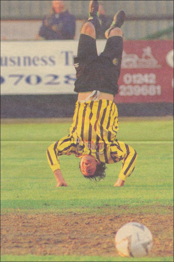 Marcus celebrates his second goal in the opening ten minutes against Cambridge City on 9th December 1995