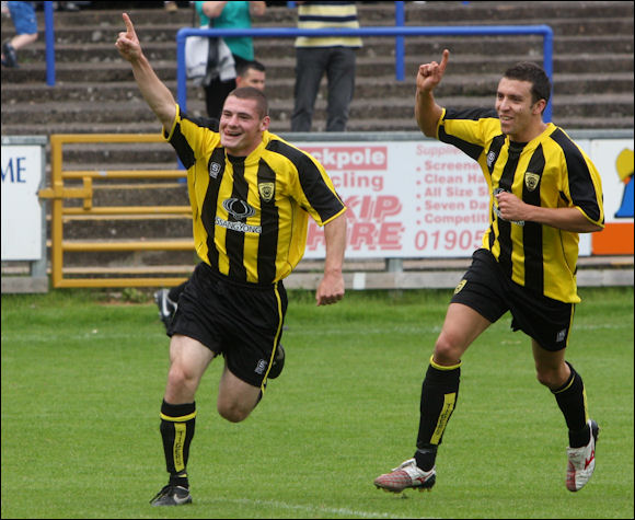 Luke Ballinger celebrates his goal at Evesham