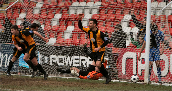 Tom Hamblin and Matt Liddiard celebrate Lewis Hogg's equalising goal