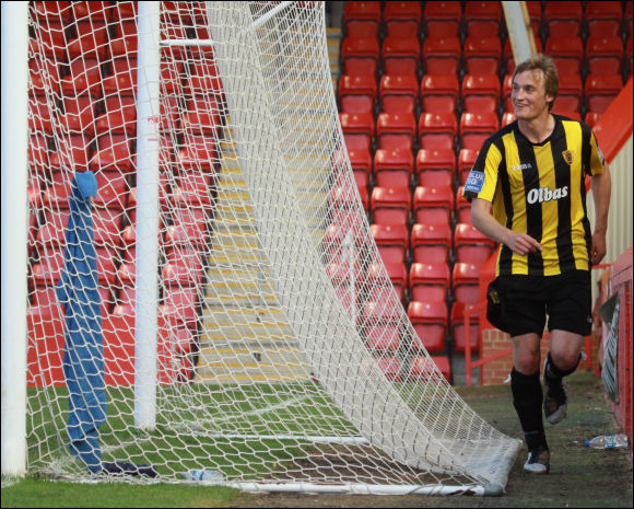 Will Morford runs behind the goal after scoring a superb equaliser against Telford