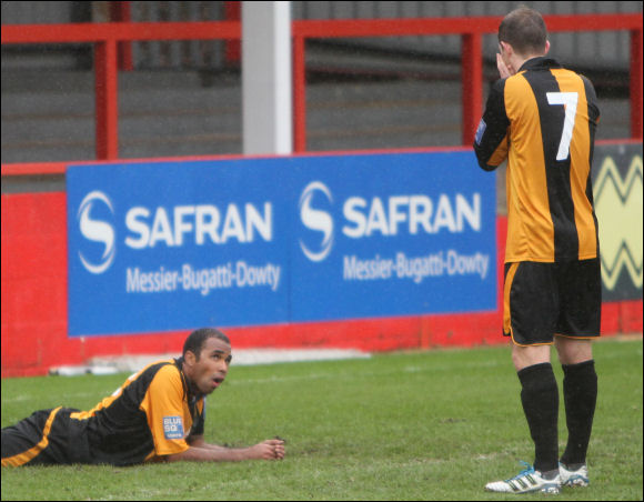 Matt Lock and Darren Mullings look on in disbelief as the latter spurns an injury time chance