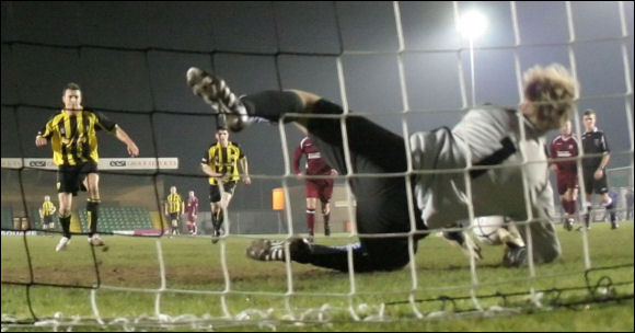 Jack Pitcher's penalty is saved by Bedford keeper Andrew Stevens