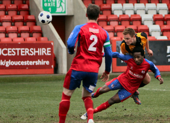 Sam Rawlings dives in to open the scoring against Hinckley