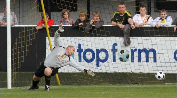 City keeper Kev Sawyer dives in vain as Harrogate seal the three tainted points