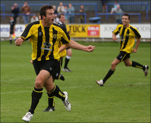 Mike Symons celebrates his goal at Evesham