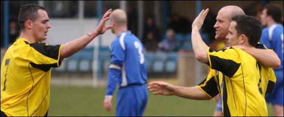 Lee Smith, Marc Richards and Alex Sykes celebrate City's equaliser at Bedford