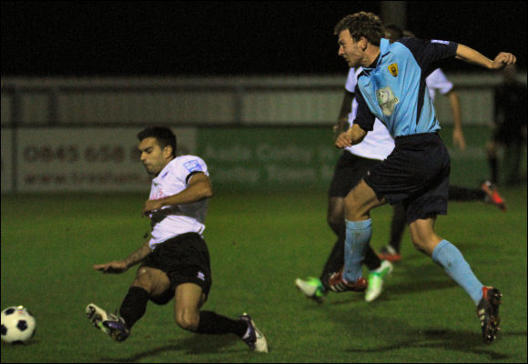 Tom Webb shoots to put City 1-0 up at Corby tonight