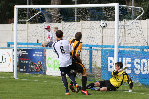 Tom Webb's shot rasps against the back of the net as City take the lead at Guiseley