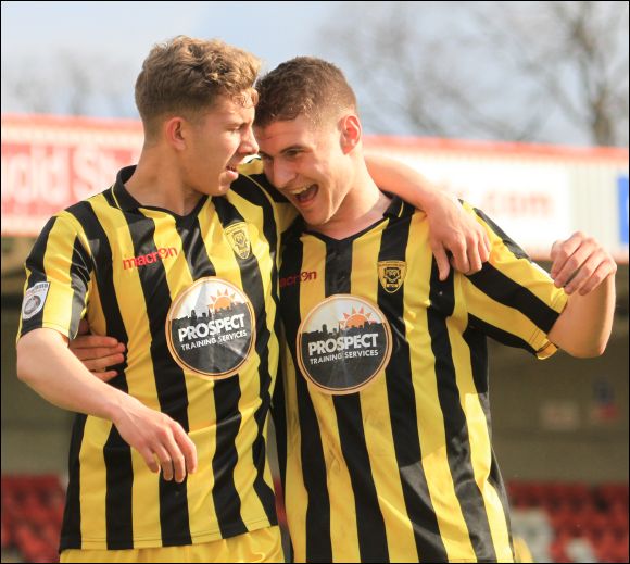 On loan youngsters Harry Williams and James Bowen celebrate the formers goal