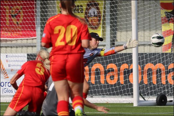 Jade dons the goalkeepers gloves after Frankie is injured against Pucklechurch